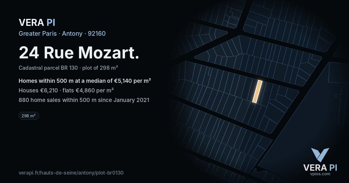24 Rue Mozart, Antony at night – the plot lit, the parcels around coloured by the prices near them