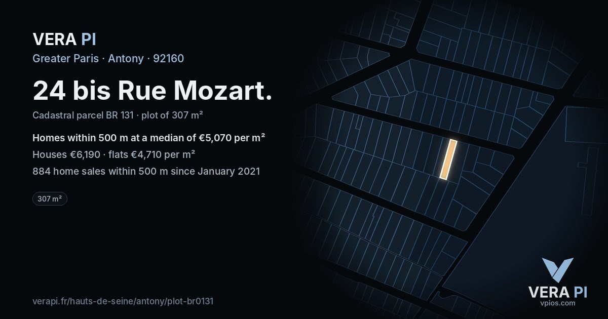 24 bis Rue Mozart, Antony at night – the plot lit, the parcels around coloured by the prices near them