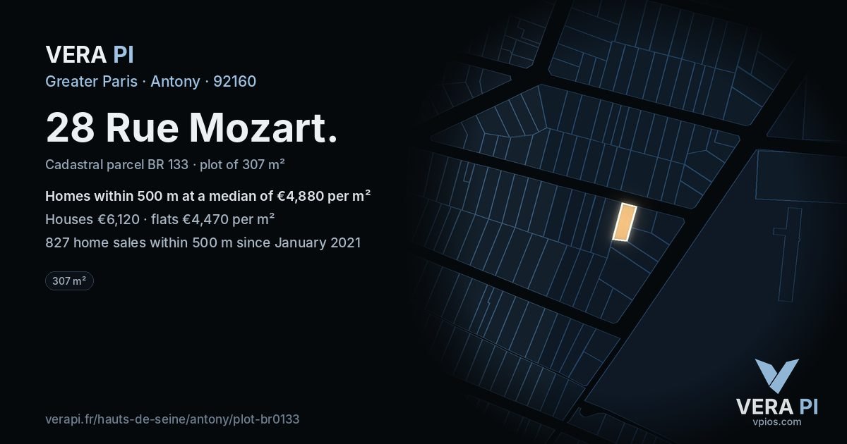 28 Rue Mozart, Antony at night – the plot lit, the parcels around coloured by the prices near them