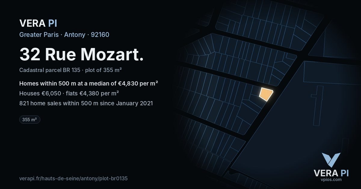 32 Rue Mozart, Antony at night – the plot lit, the parcels around coloured by the prices near them
