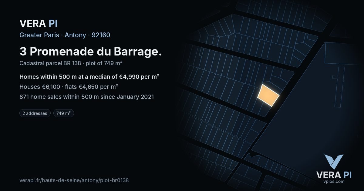 3 Promenade du Barrage, Antony at night – the plot lit, the parcels around coloured by the prices near them