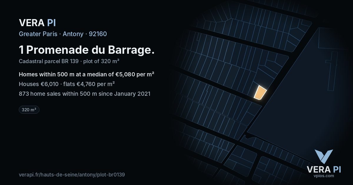 1 Promenade du Barrage, Antony at night – the plot lit, the parcels around coloured by the prices near them