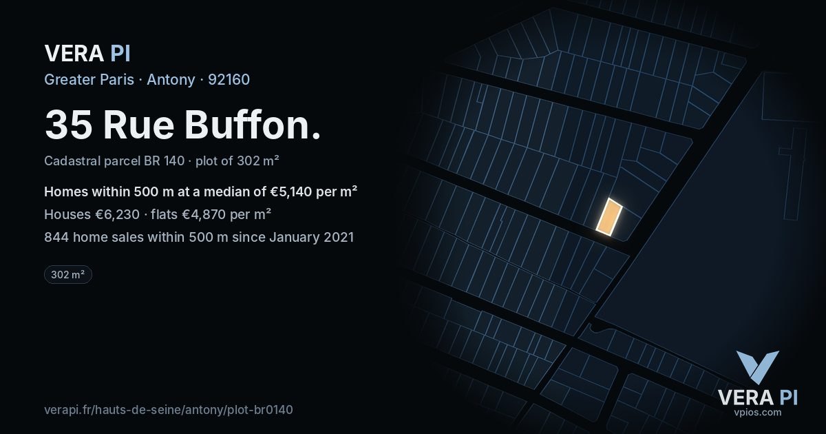 35 Rue Buffon, Antony at night – the plot lit, the parcels around coloured by the prices near them