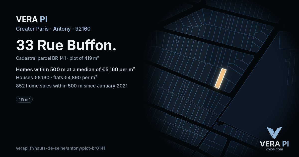 33 Rue Buffon, Antony at night – the plot lit, the parcels around coloured by the prices near them