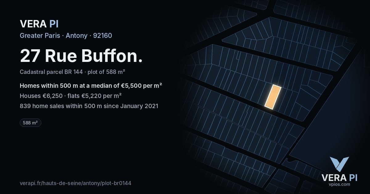 27 Rue Buffon, Antony at night – the plot lit, the parcels around coloured by the prices near them