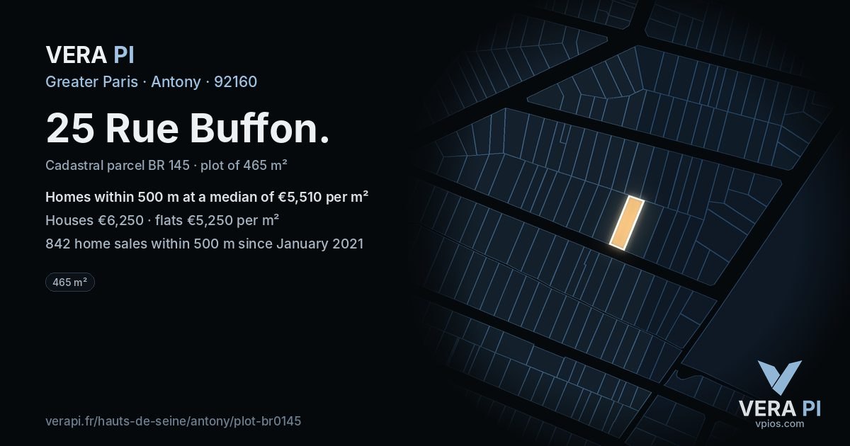 25 Rue Buffon, Antony at night – the plot lit, the parcels around coloured by the prices near them