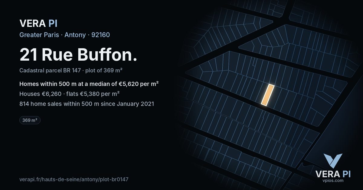 21 Rue Buffon, Antony at night – the plot lit, the parcels around coloured by the prices near them