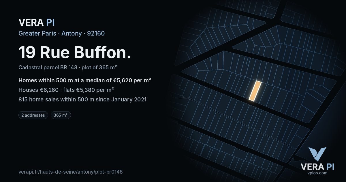 19 Rue Buffon, Antony at night – the plot lit, the parcels around coloured by the prices near them