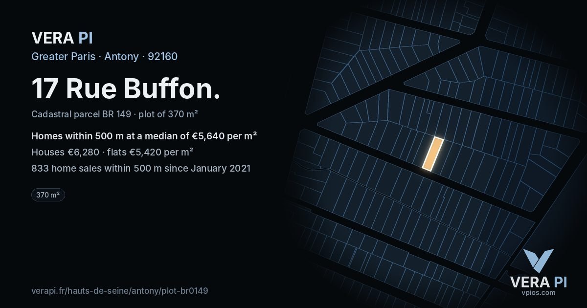 17 Rue Buffon, Antony at night – the plot lit, the parcels around coloured by the prices near them