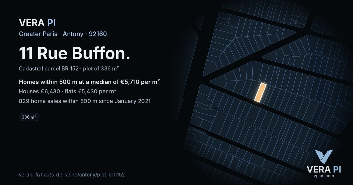 11 Rue Buffon, Antony at night – the plot lit, the parcels around coloured by the prices near them