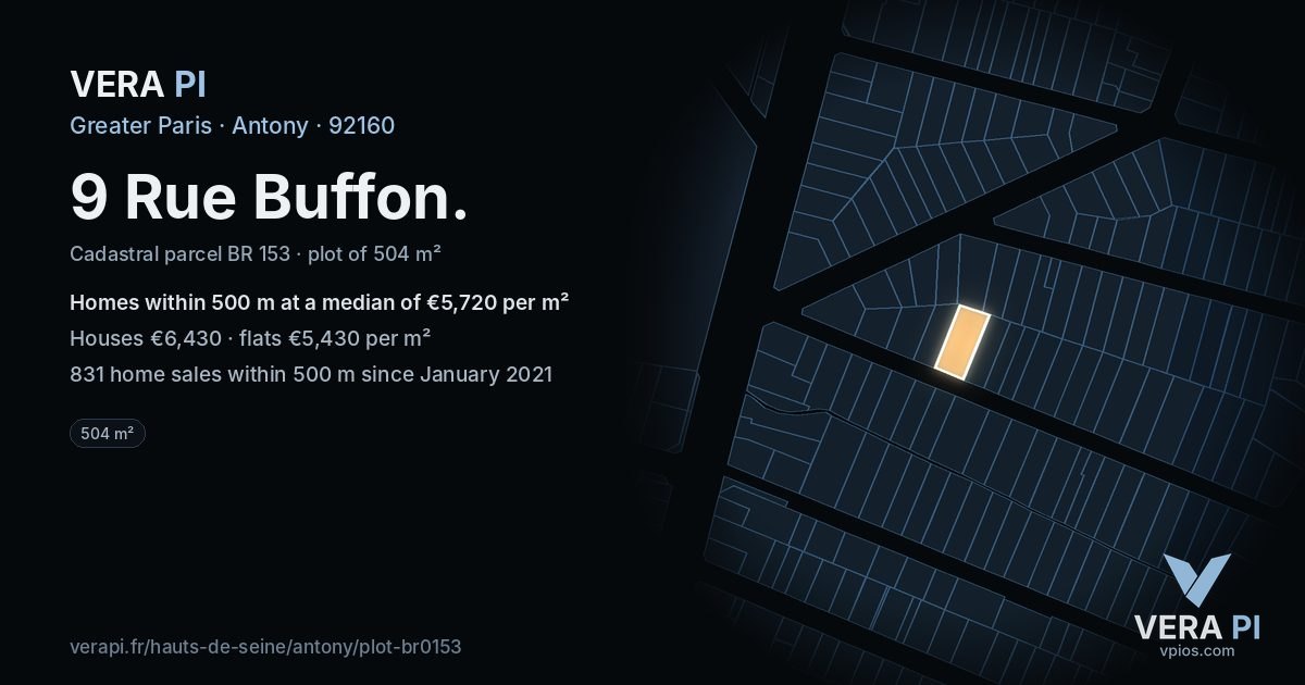 9 Rue Buffon, Antony at night – the plot lit, the parcels around coloured by the prices near them