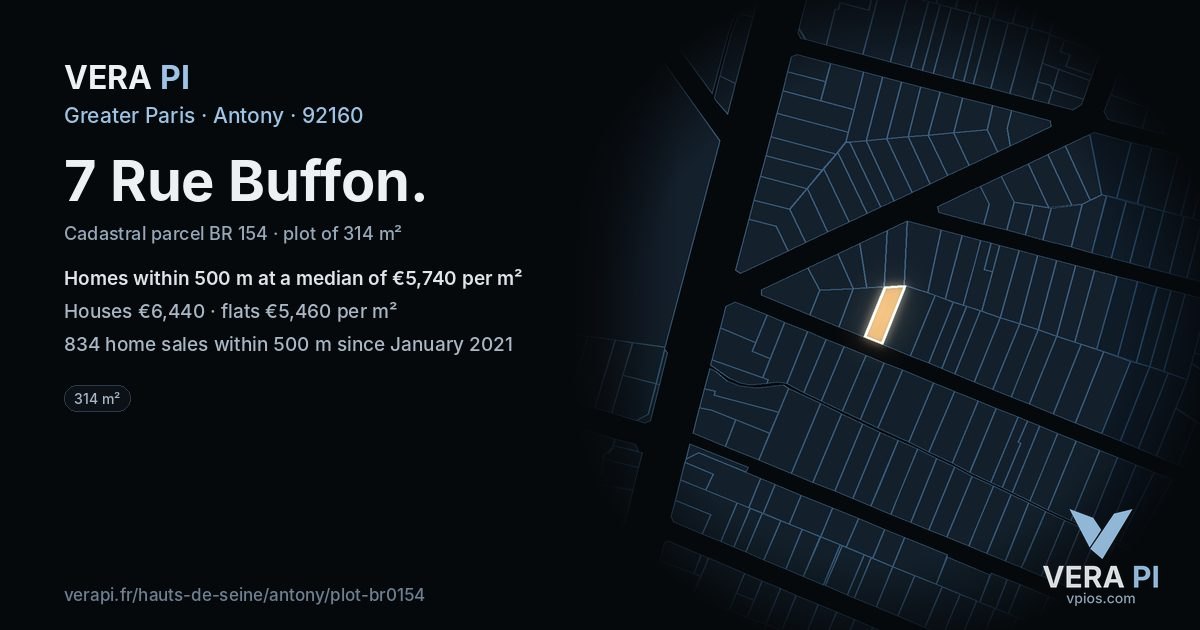 7 Rue Buffon, Antony at night – the plot lit, the parcels around coloured by the prices near them