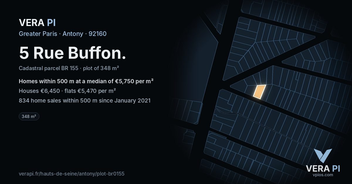 5 Rue Buffon, Antony at night – the plot lit, the parcels around coloured by the prices near them