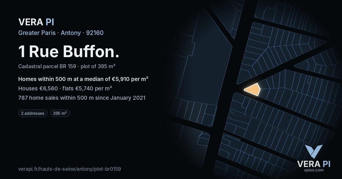 1 Rue Buffon, Antony at night – the plot lit, the parcels around coloured by the prices near them