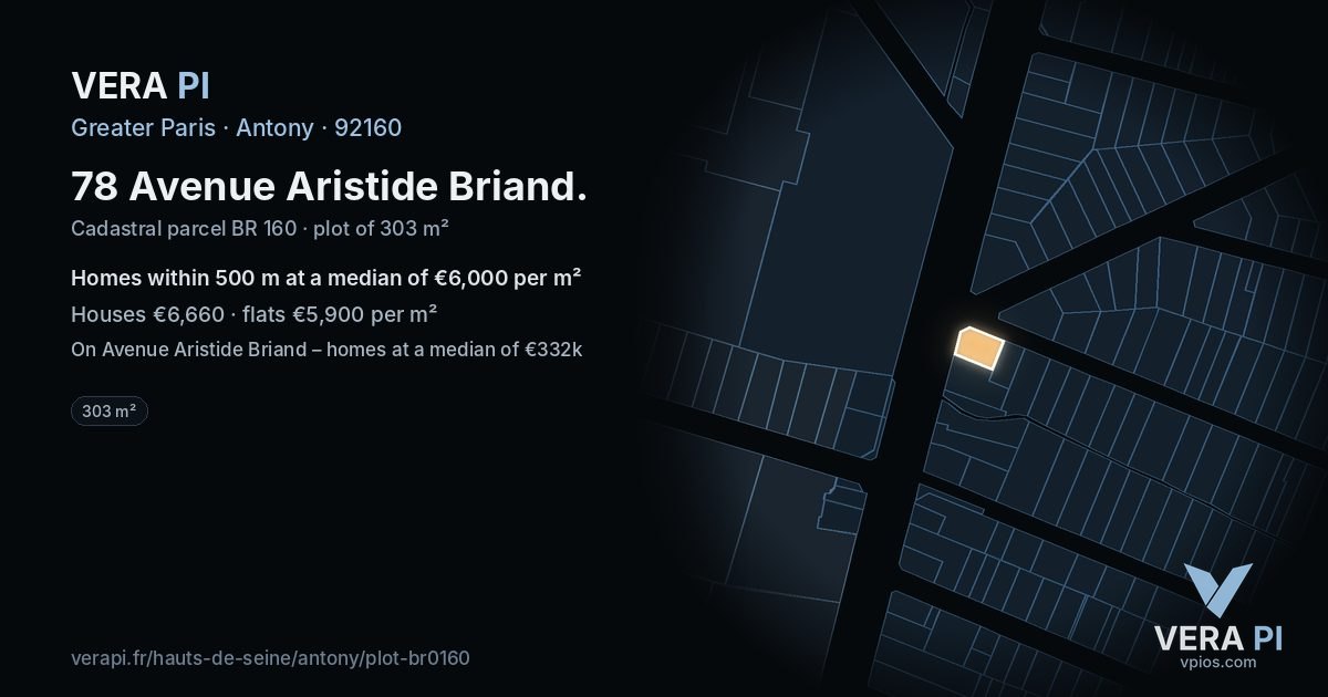 78 Avenue Aristide Briand, Antony at night – the plot lit, the parcels around coloured by the prices near them