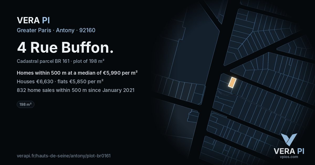 4 Rue Buffon, Antony at night – the plot lit, the parcels around coloured by the prices near them