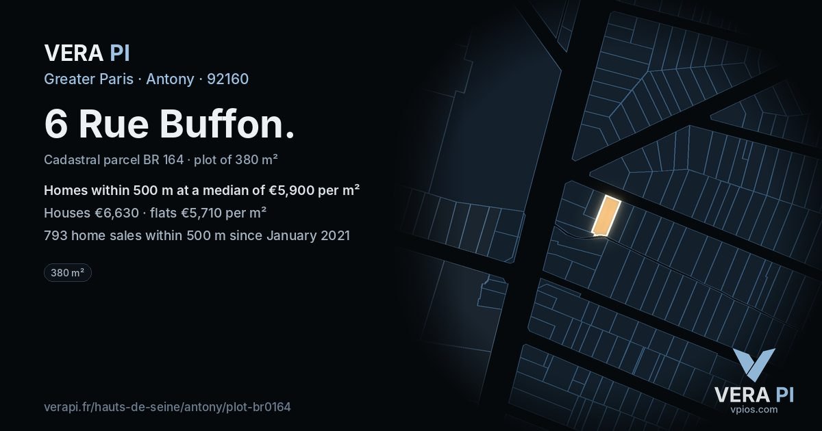 6 Rue Buffon, Antony at night – the plot lit, the parcels around coloured by the prices near them