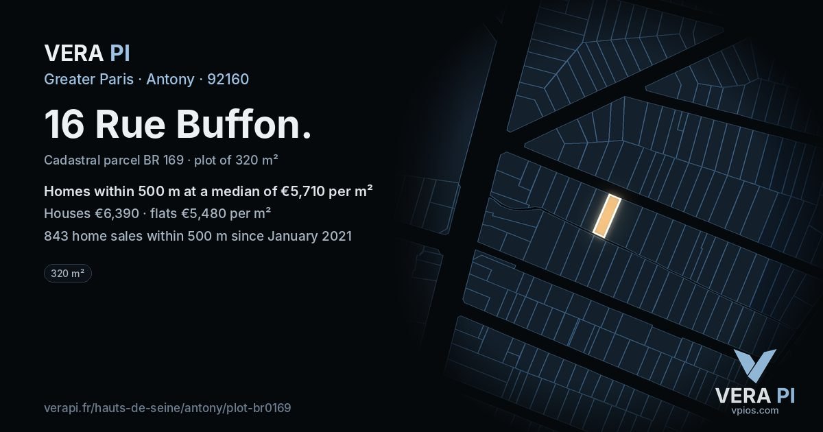 16 Rue Buffon, Antony at night – the plot lit, the parcels around coloured by the prices near them
