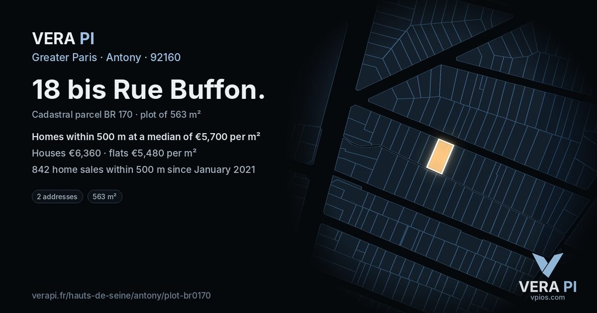 18 bis Rue Buffon, Antony at night – the plot lit, the parcels around coloured by the prices near them