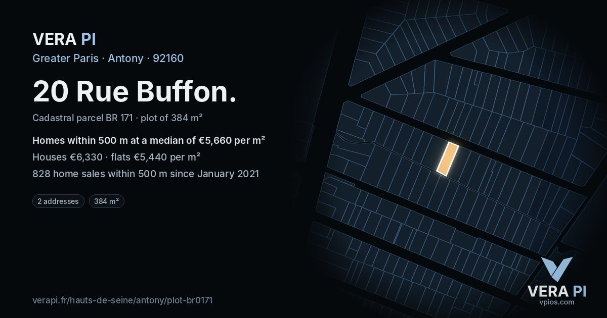 20 Rue Buffon, Antony at night – the plot lit, the parcels around coloured by the prices near them