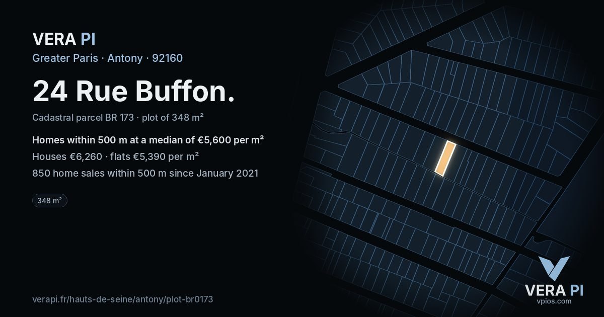 24 Rue Buffon, Antony at night – the plot lit, the parcels around coloured by the prices near them