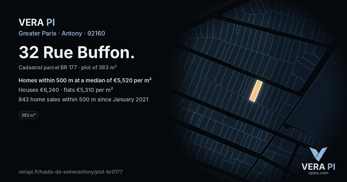 32 Rue Buffon, Antony at night – the plot lit, the parcels around coloured by the prices near them