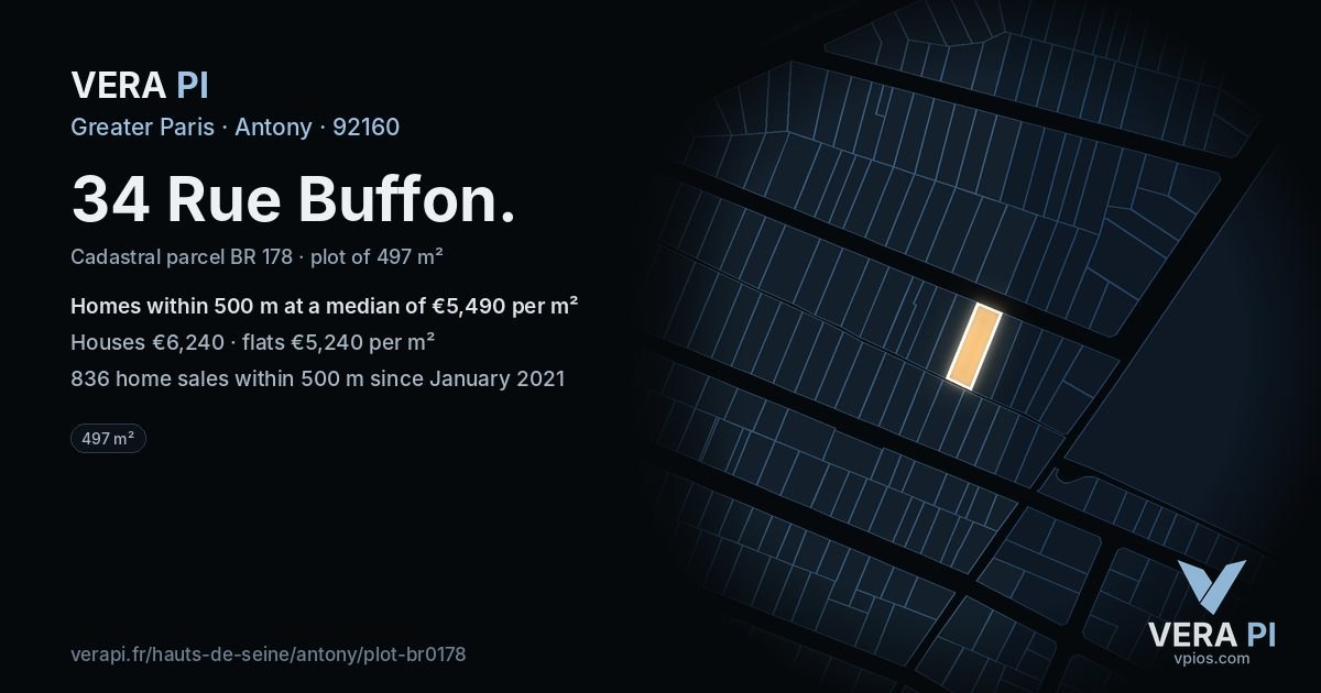34 Rue Buffon, Antony at night – the plot lit, the parcels around coloured by the prices near them