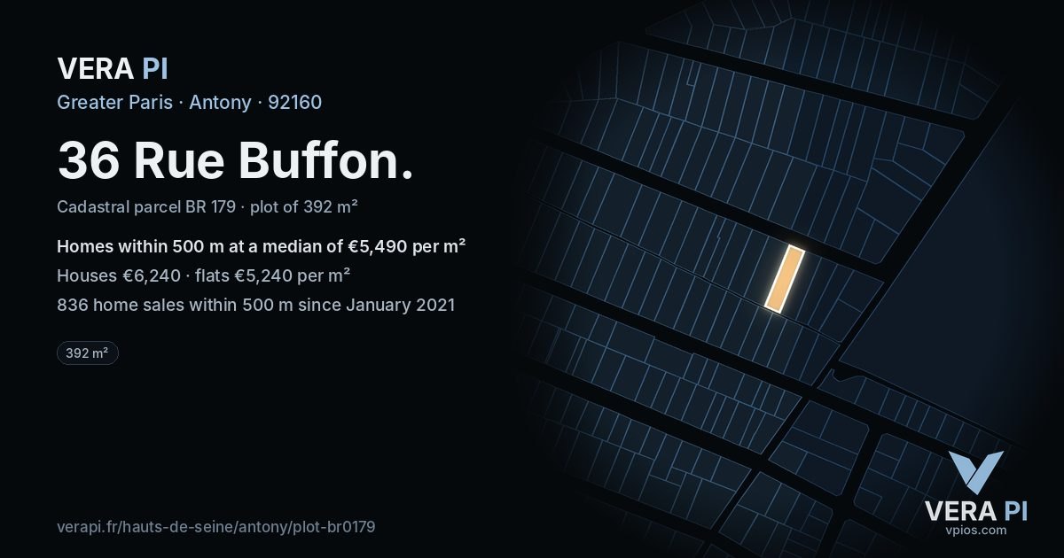 36 Rue Buffon, Antony at night – the plot lit, the parcels around coloured by the prices near them