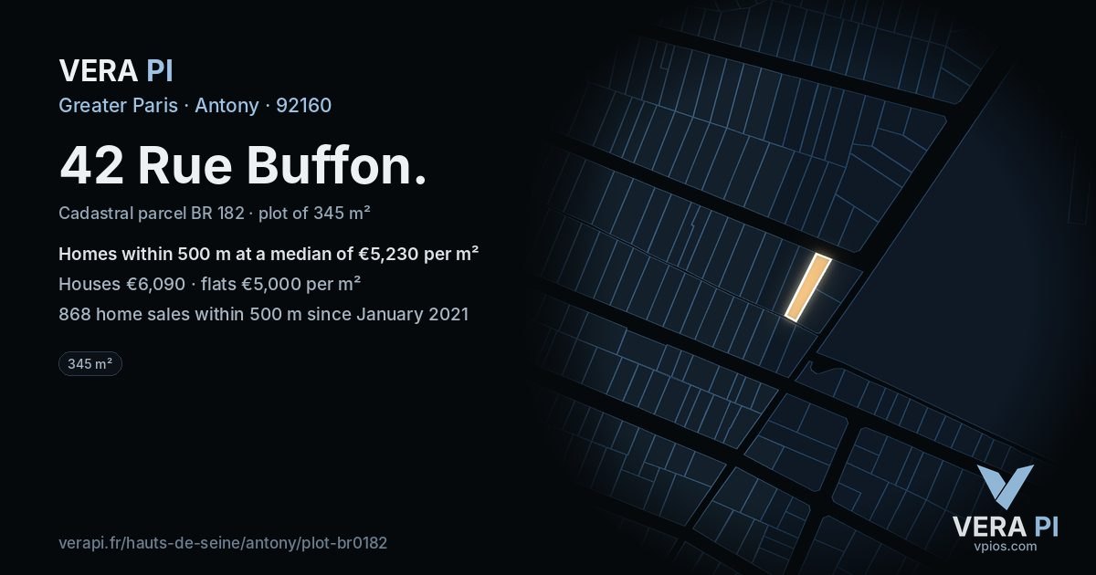42 Rue Buffon, Antony at night – the plot lit, the parcels around coloured by the prices near them