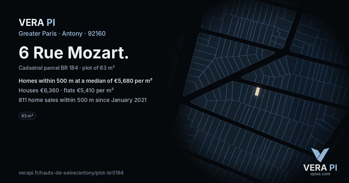 6 Rue Mozart, Antony at night – the plot lit, the parcels around coloured by the prices near them