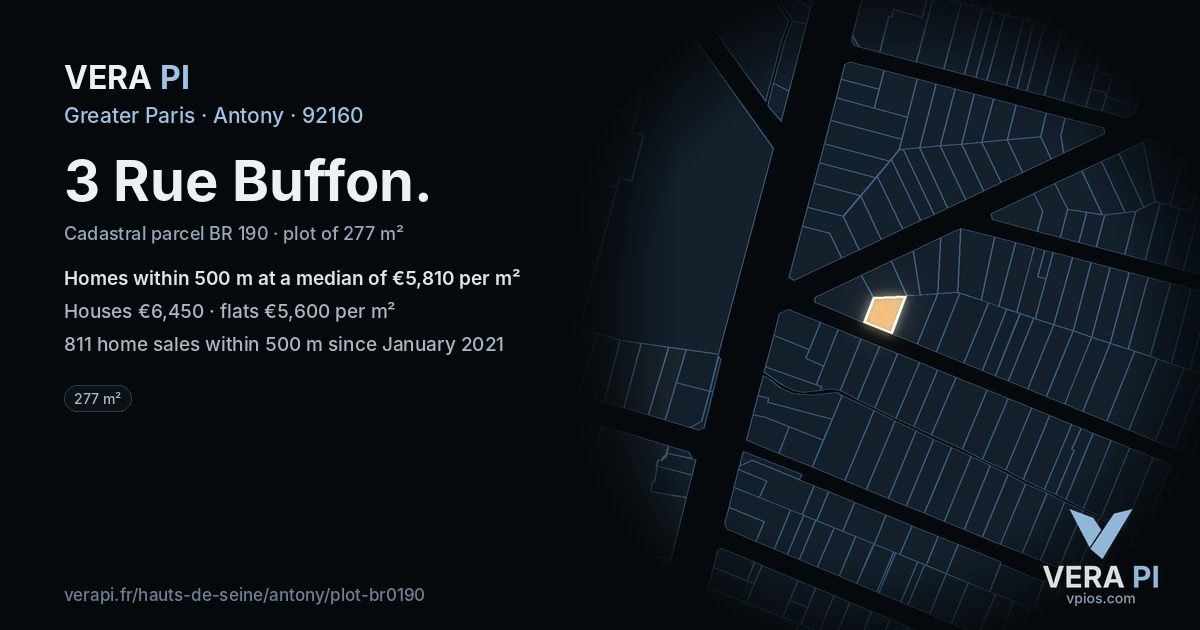 3 Rue Buffon, Antony at night – the plot lit, the parcels around coloured by the prices near them