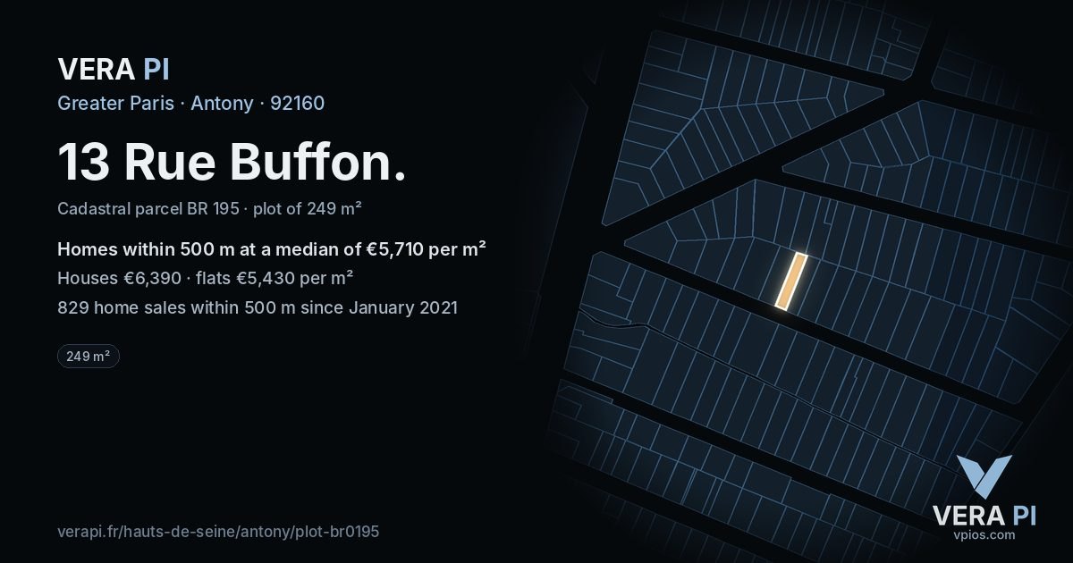 13 Rue Buffon, Antony at night – the plot lit, the parcels around coloured by the prices near them