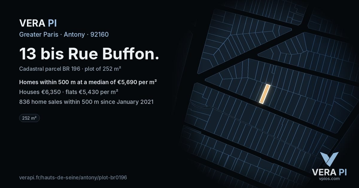 13 bis Rue Buffon, Antony at night – the plot lit, the parcels around coloured by the prices near them