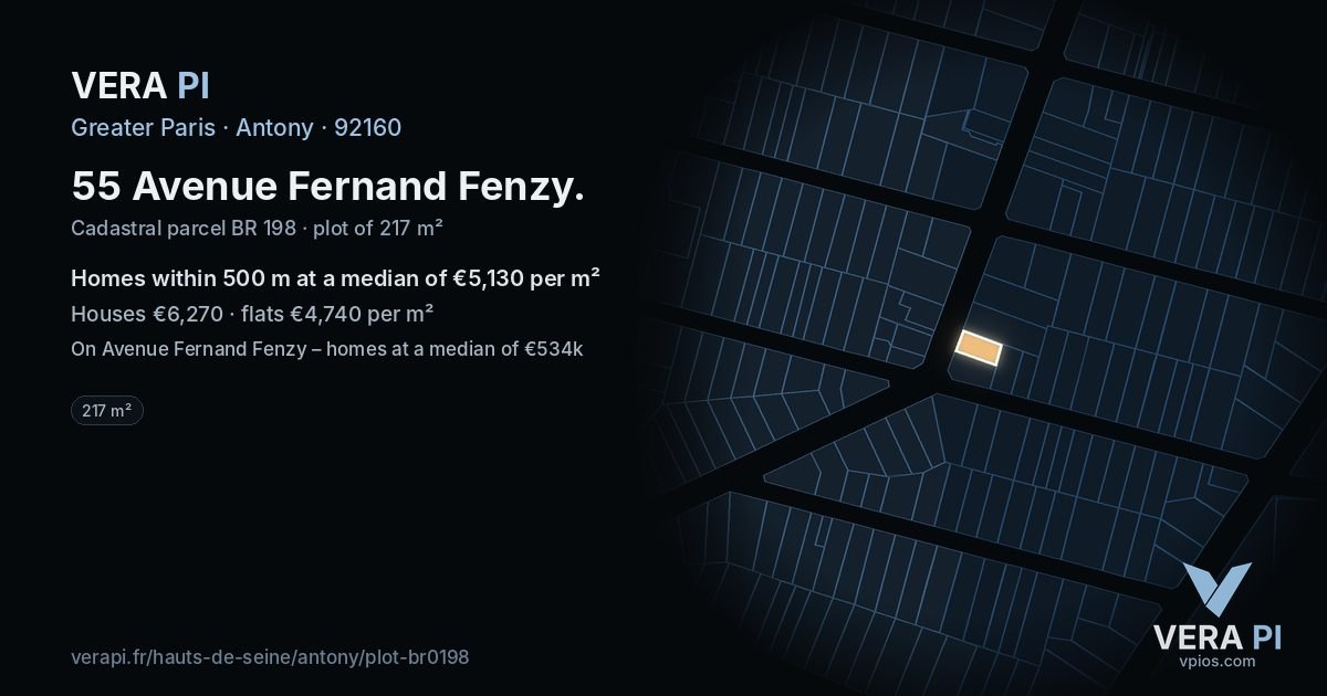 55 Avenue Fernand Fenzy, Antony at night – the plot lit, the parcels around coloured by the prices near them