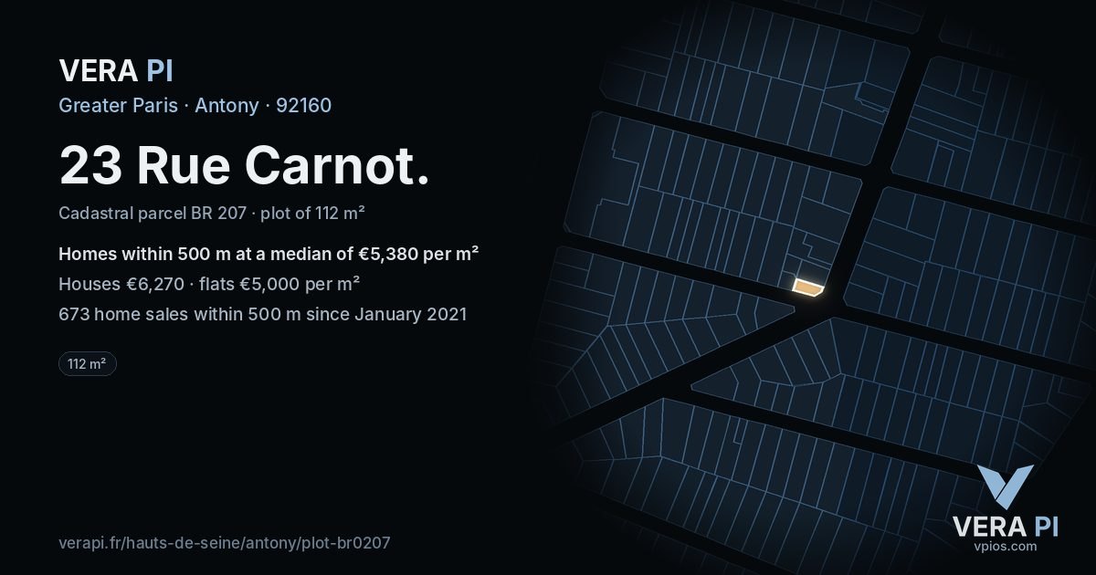23 Rue Carnot, Antony at night – the plot lit, the parcels around coloured by the prices near them