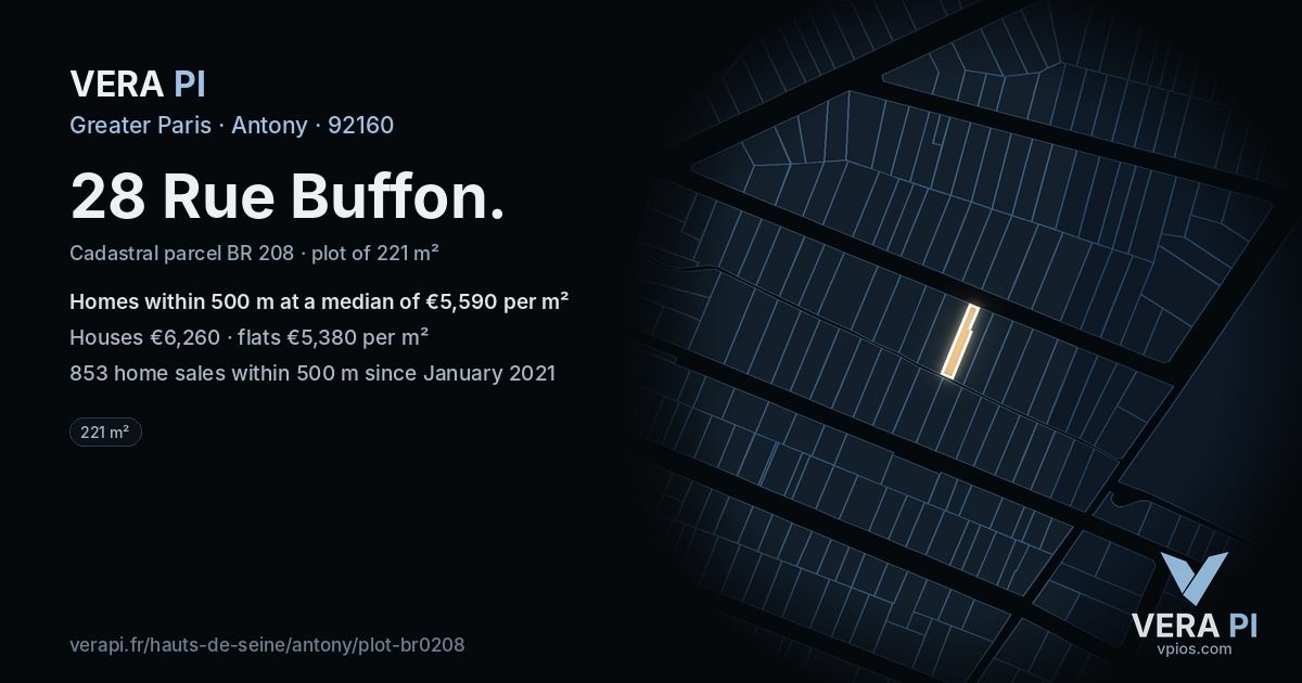 28 Rue Buffon, Antony at night – the plot lit, the parcels around coloured by the prices near them