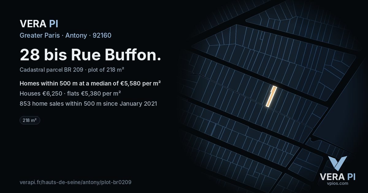 28 bis Rue Buffon, Antony at night – the plot lit, the parcels around coloured by the prices near them