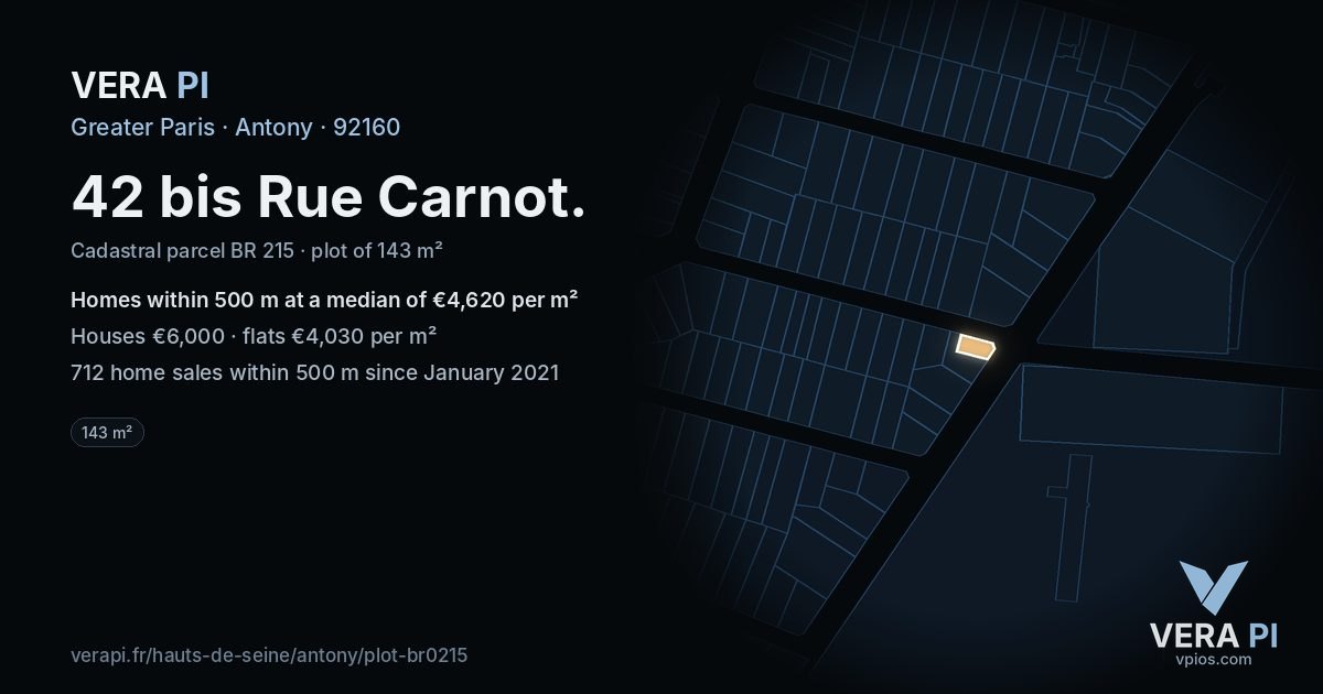 42 bis Rue Carnot, Antony at night – the plot lit, the parcels around coloured by the prices near them