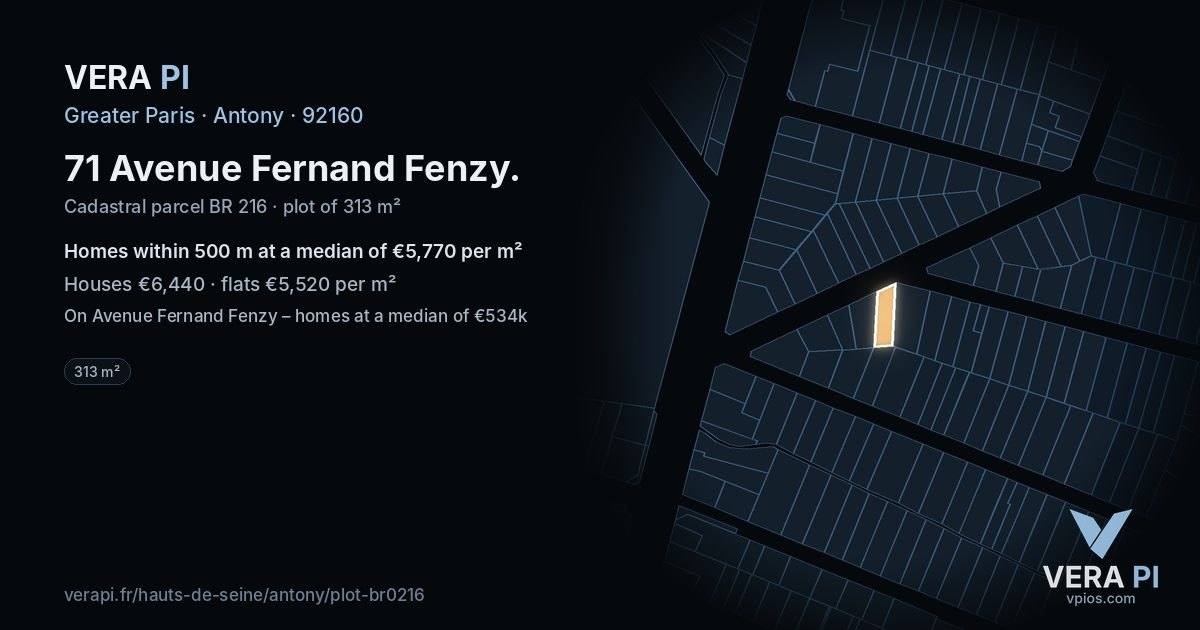 71 Avenue Fernand Fenzy, Antony at night – the plot lit, the parcels around coloured by the prices near them