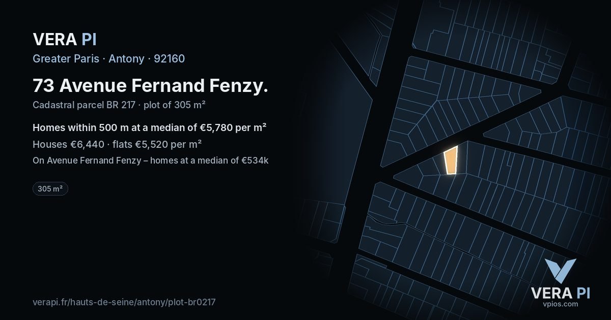 73 Avenue Fernand Fenzy, Antony at night – the plot lit, the parcels around coloured by the prices near them