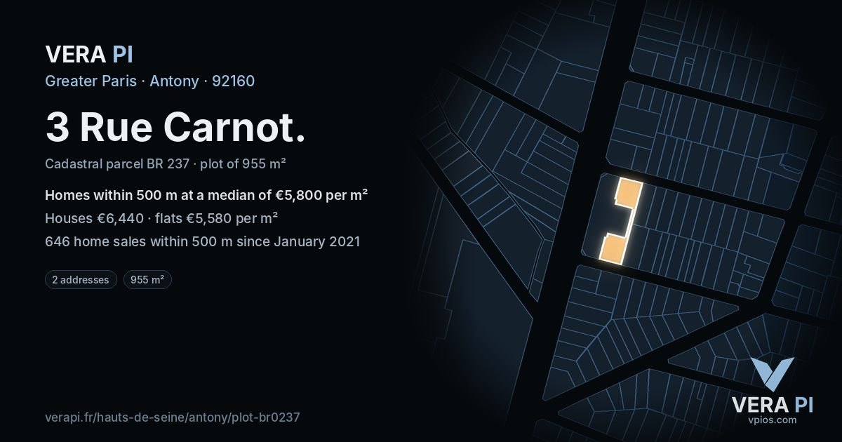 3 Rue Carnot, Antony at night – the plot lit, the parcels around coloured by the prices near them