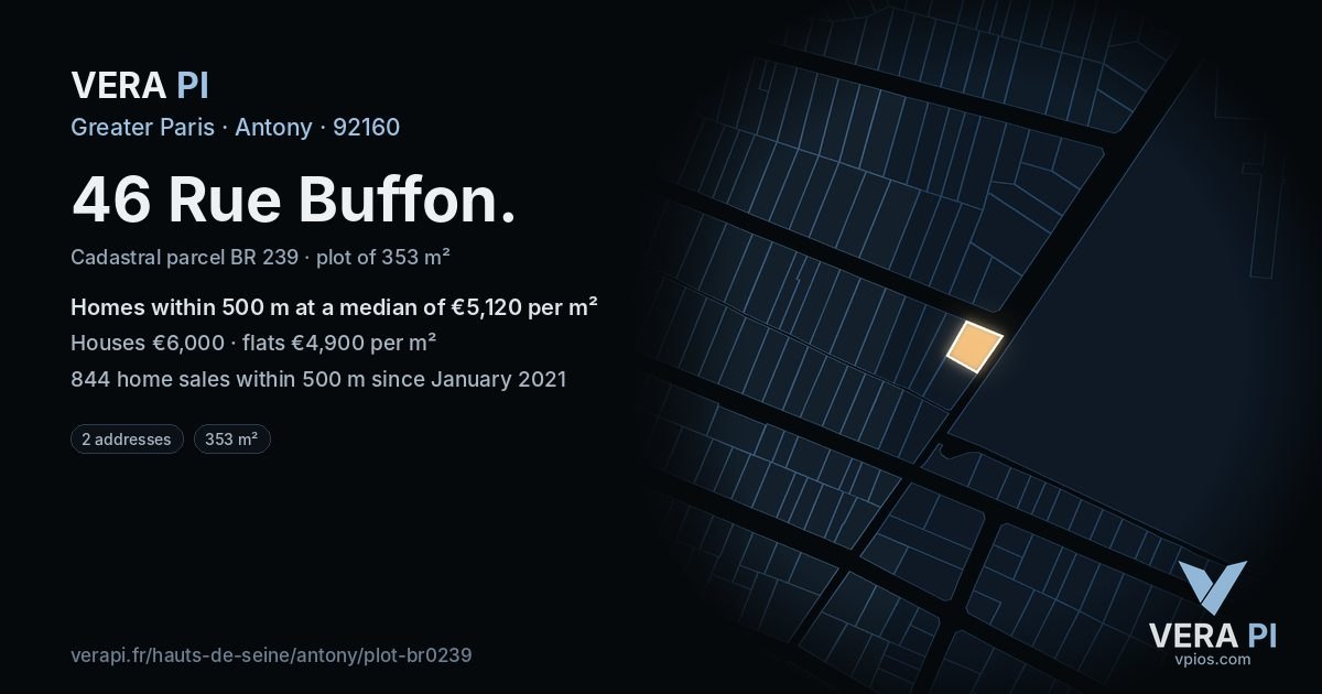 46 Rue Buffon, Antony at night – the plot lit, the parcels around coloured by the prices near them