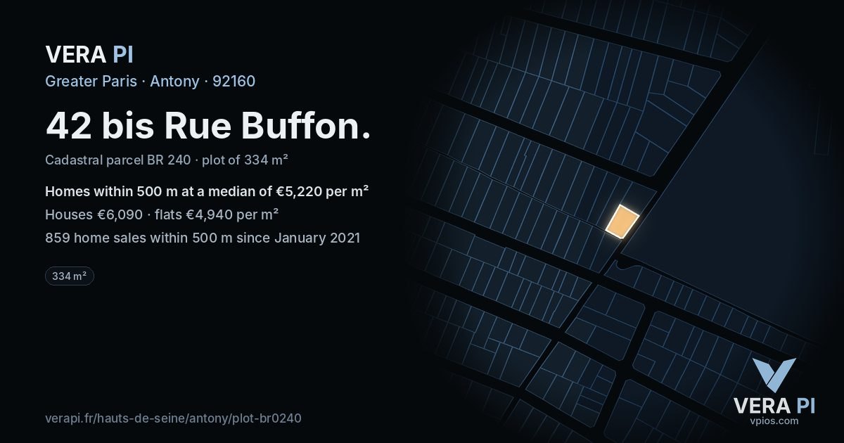 42 bis Rue Buffon, Antony at night – the plot lit, the parcels around coloured by the prices near them