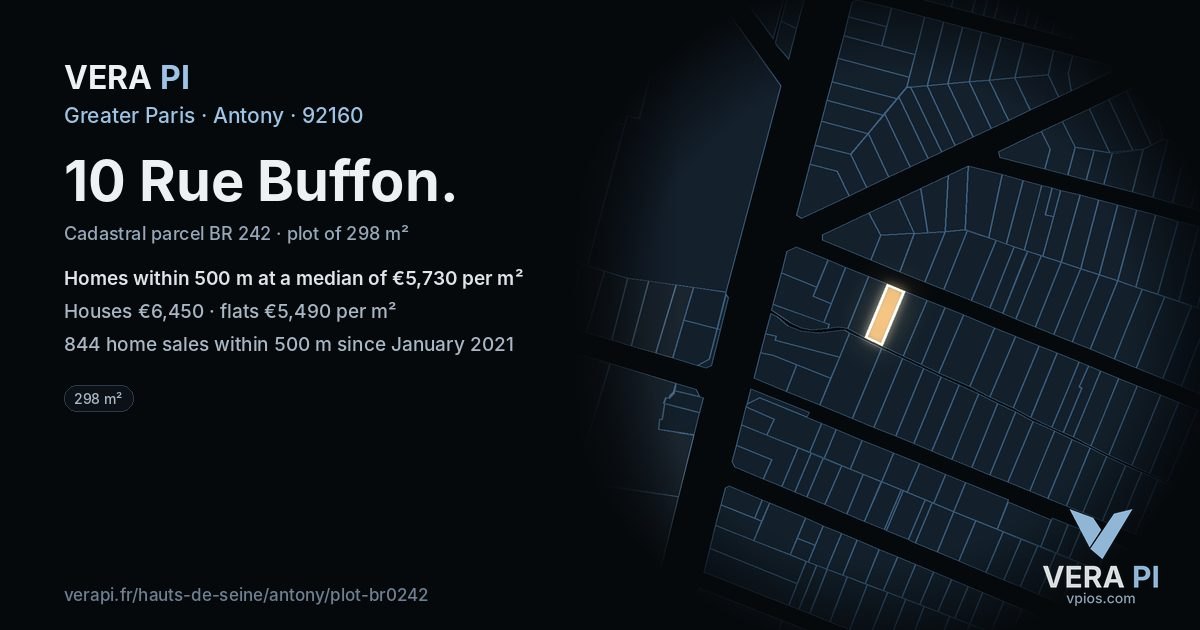 10 Rue Buffon, Antony at night – the plot lit, the parcels around coloured by the prices near them