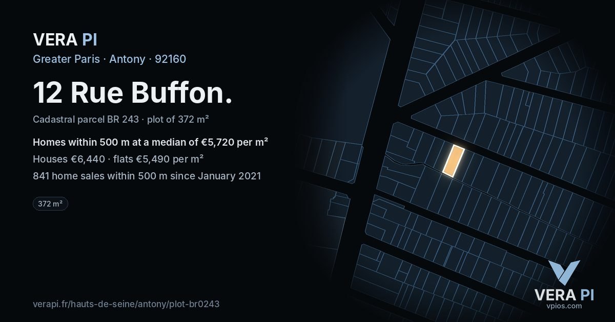 12 Rue Buffon, Antony at night – the plot lit, the parcels around coloured by the prices near them