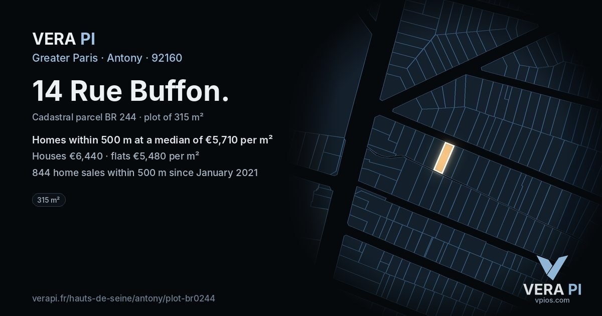 14 Rue Buffon, Antony at night – the plot lit, the parcels around coloured by the prices near them