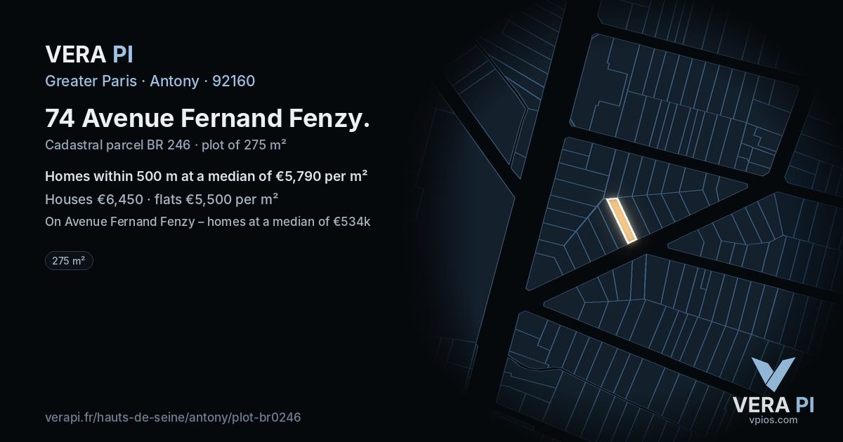 74 Avenue Fernand Fenzy, Antony at night – the plot lit, the parcels around coloured by the prices near them