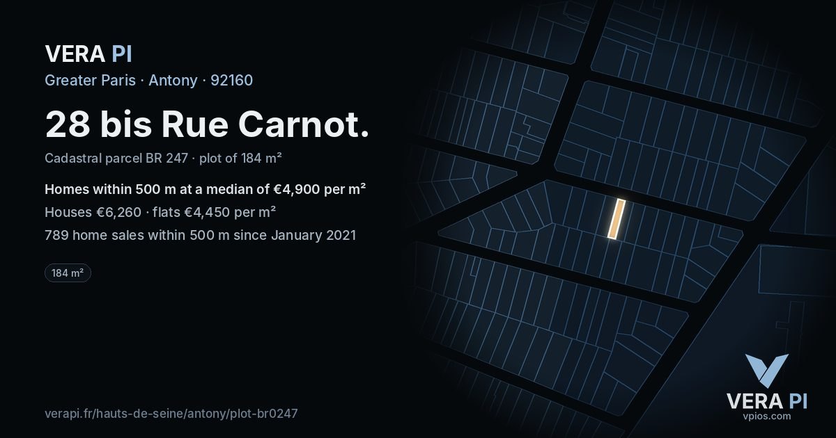 28 bis Rue Carnot, Antony at night – the plot lit, the parcels around coloured by the prices near them