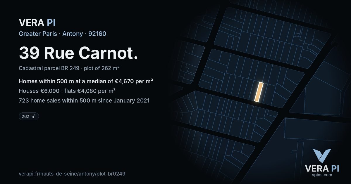 39 Rue Carnot, Antony at night – the plot lit, the parcels around coloured by the prices near them