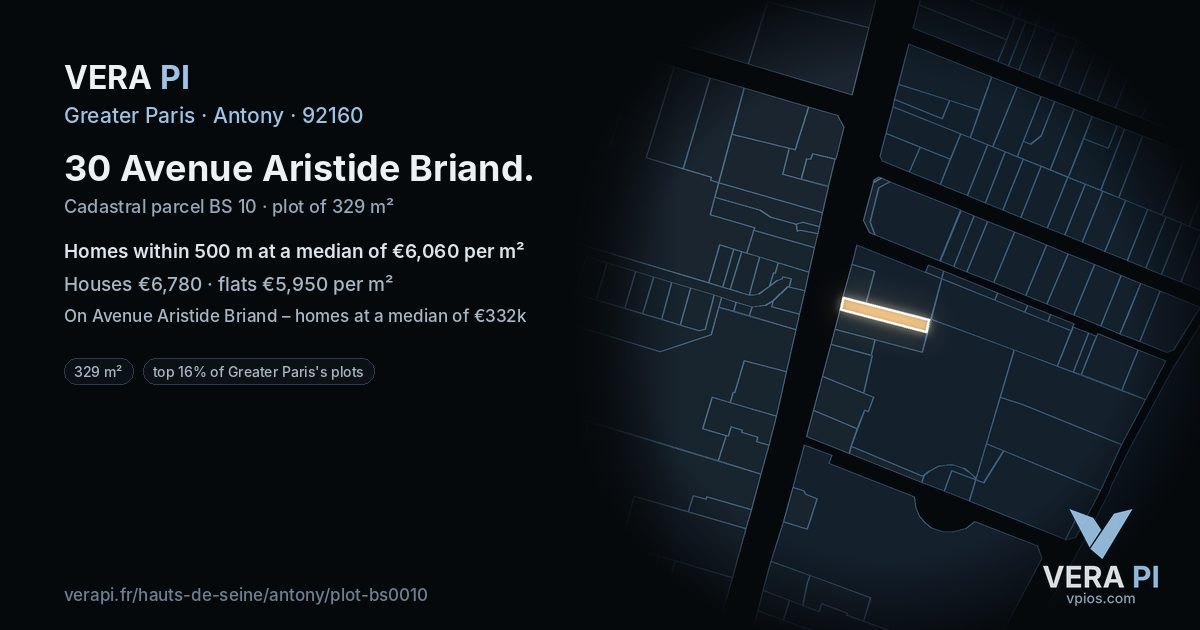 30 Avenue Aristide Briand, Antony at night – the plot lit, the parcels around coloured by the prices near them